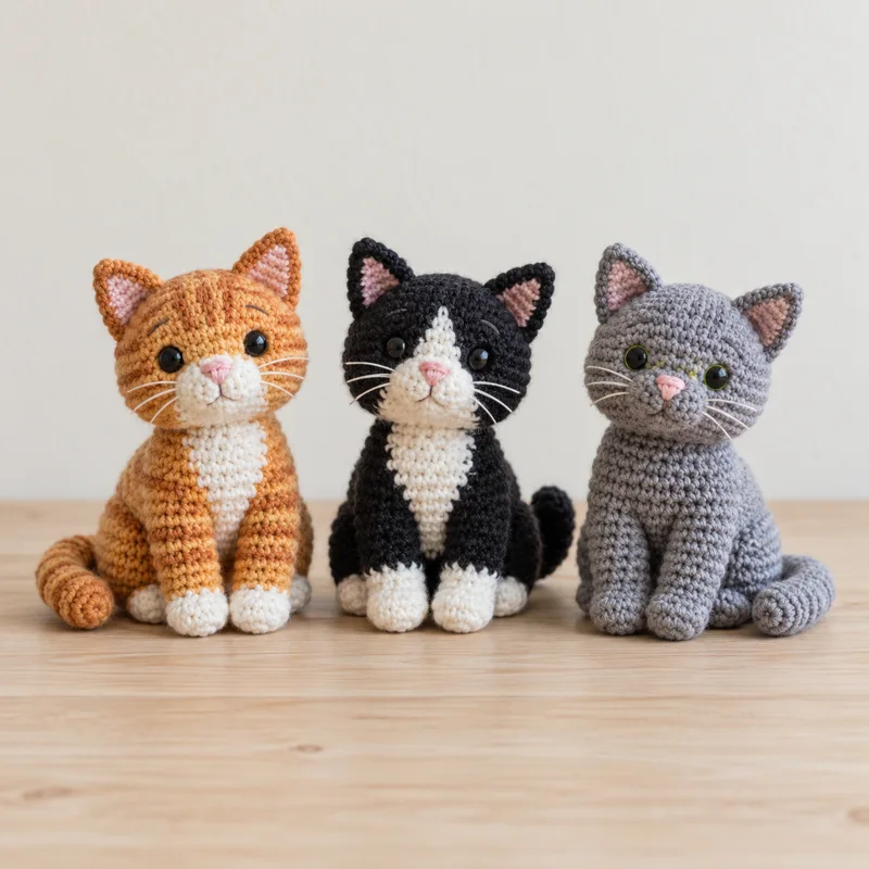 Tres gatitos de crochet de diferentes colores