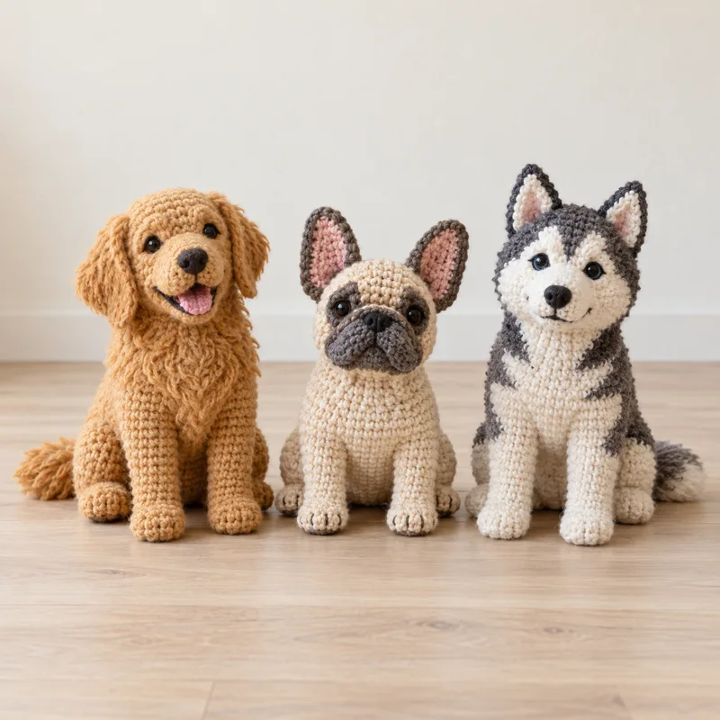 Tres perritos de crochet: golden, bulldog francés y husky