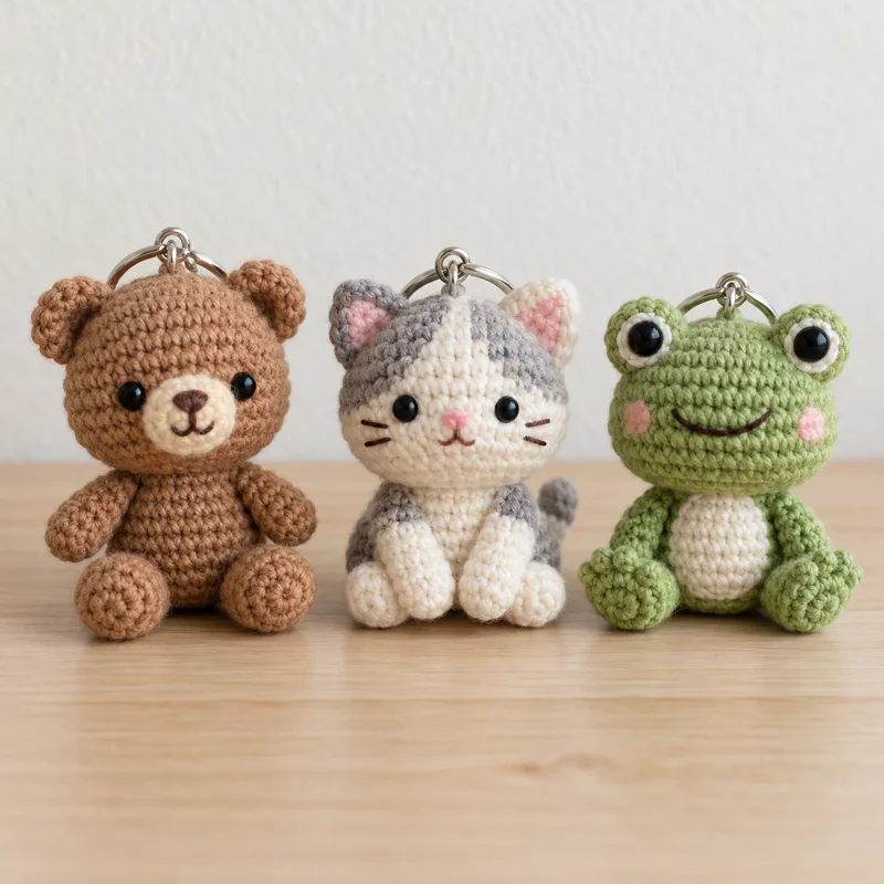 Tres llaveros pequeños de crochet con argolas