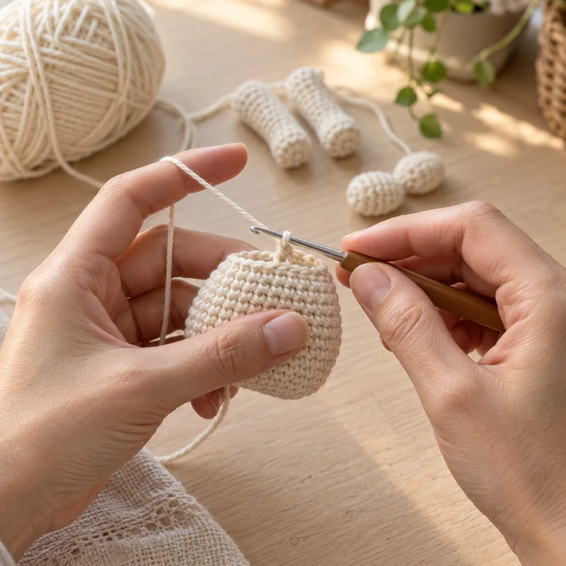Manos tejiendo una pieza de amigurumi