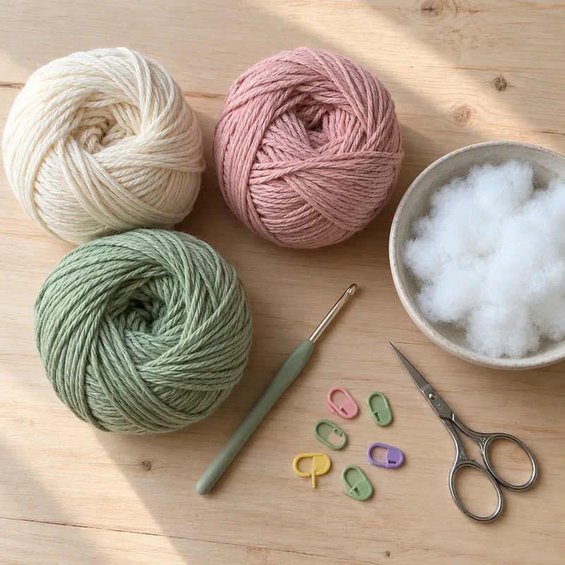 Materiales de crochet organizados antes de empezar
