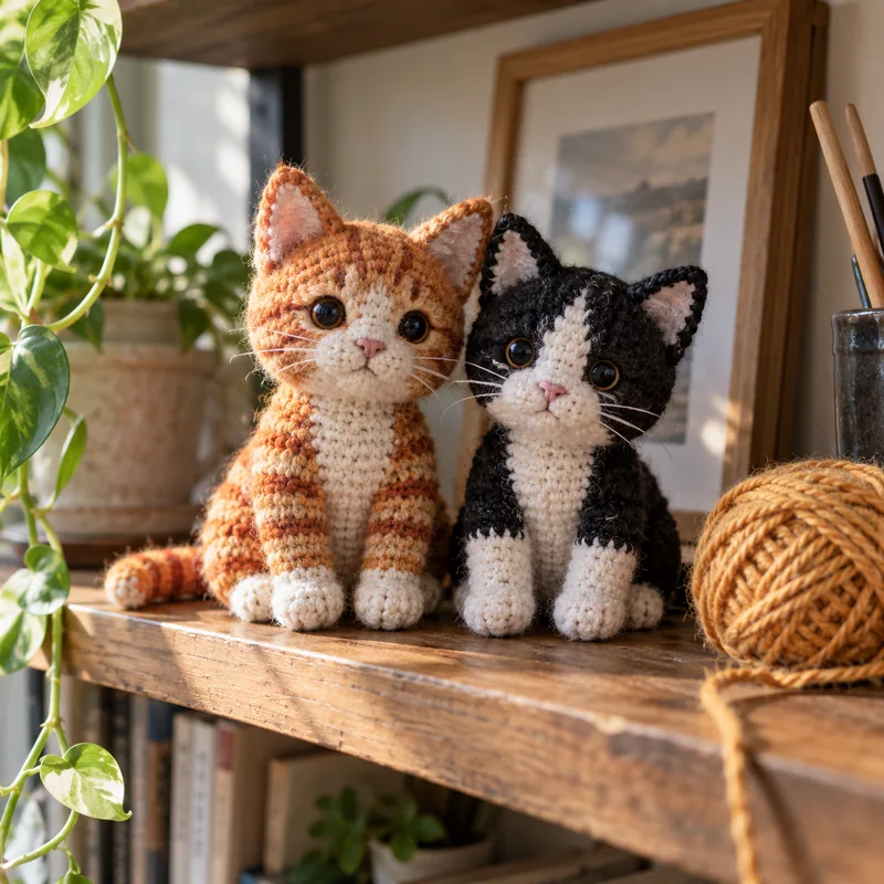 Dos gatos tejidos en una repisa de madera