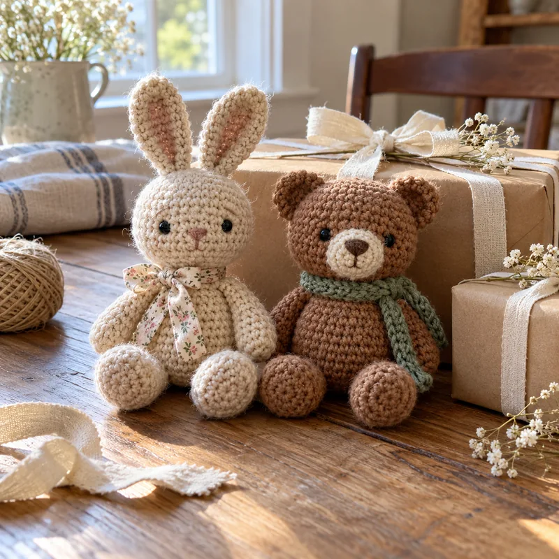 Conejito y osito de crochet junto a un regalo