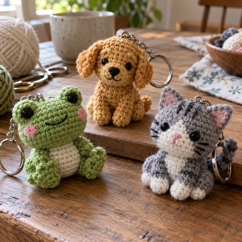 Pequeños llaveros de crochet sobre una mesa